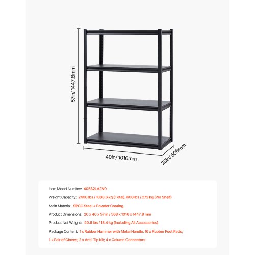 Opbevaringsreol, 50,8x101,6x144,8 cm, Sort, Justerbar Metal