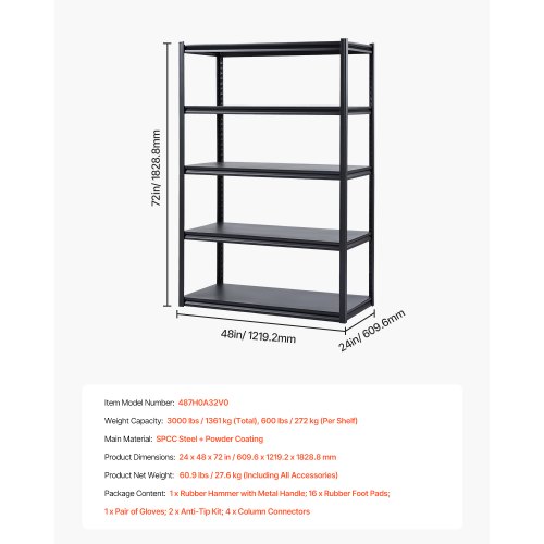 Opbevaringsreol, 61x122x183 cm, Sort, Justerbar Metal
