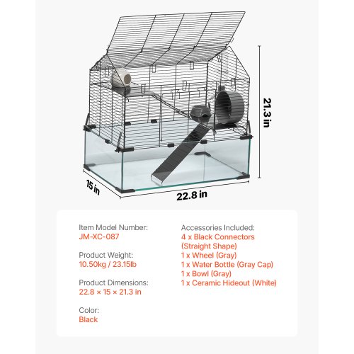 Hamsterbur, 57,9x38,1x54,1 cm, Sort, Glas Metalnet