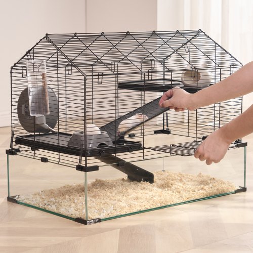 Hamsterbur 75x44x61 cm Sort, Glas og Metal, Bærbar