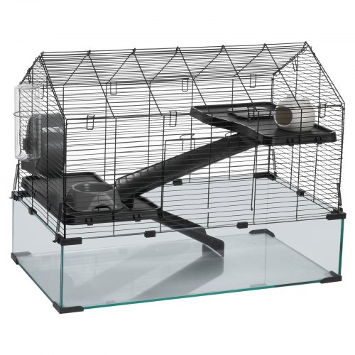 Hamsterbur 75x44x61 cm Sort, Glas og Metal, Bærbar
