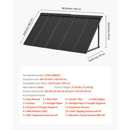 Markise, Fastmonteret metalmarkise, 143x59x61 cm, Sort, Stål