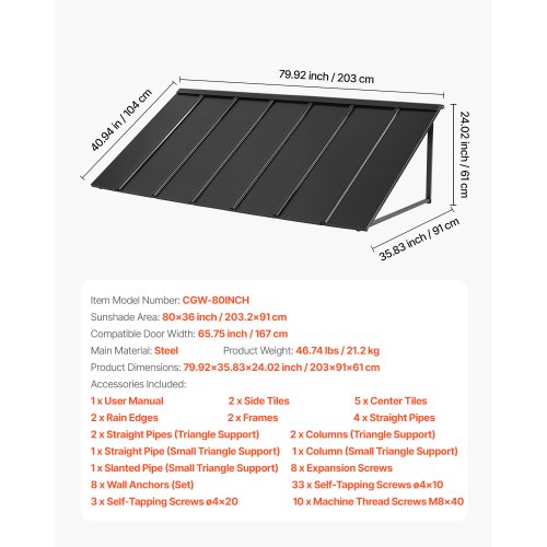 Markise, 203x91x61 cm, Sort, Metal Udvendig