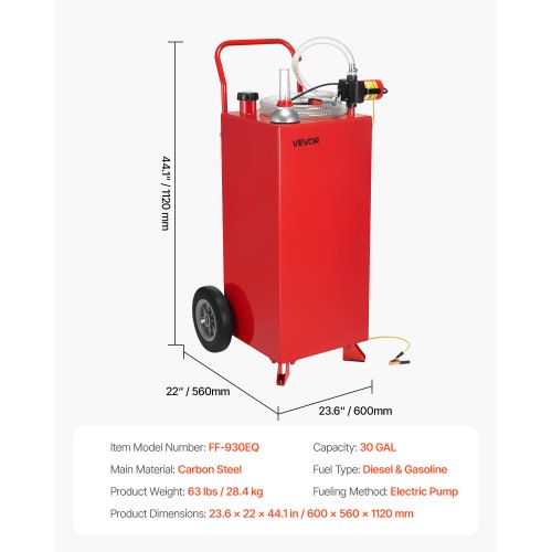 Brændstofvogn, 600x560x1120 mm, 30 gallon, elektrisk pumpe, bærbar opbevaring, kulstofstål
