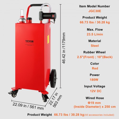 Diesel opbevaringstank, 561x563x1179 mm, rød, elektrisk pumpe, bærbar opbevaring