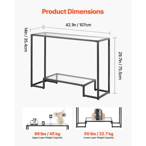 Konsolbord, 107x35.4x75.5 cm, Sort, Glas og Jern