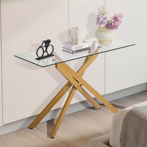 Sofabord, 114.3x45.7x76.2 cm, Guld, Glas og Jern