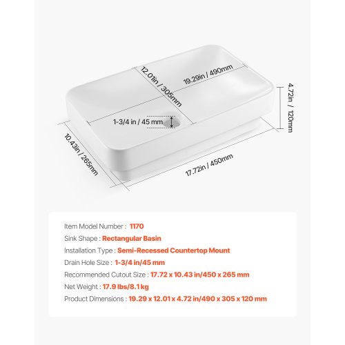 Tvättställ, halvinfälld rektangulär keramik, 49x30.5x12 cm, vit