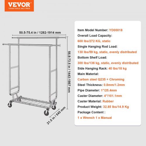 Tøjstativ, Dobbelt justerbar bøjlestang, 128.2x54.5x144.3-186.7 cm, Opbevaring, Stål