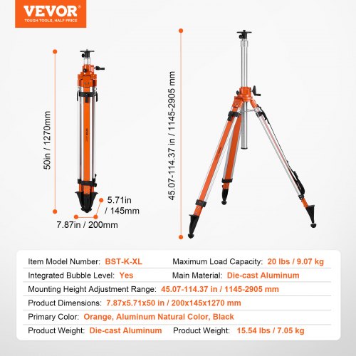 Trepodstativ, 200x145x1270 mm, Orange, Aluminium, Justerbar