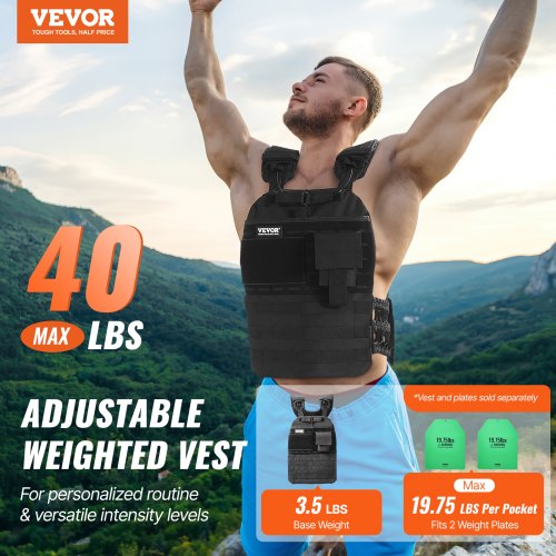 Vægtvest, 40lb justerbar vægtvest, sort, nylon
