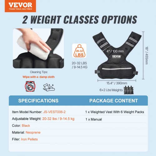 Vægtvest, Justerbar 9-14,5 kg, Sort, Neopren
