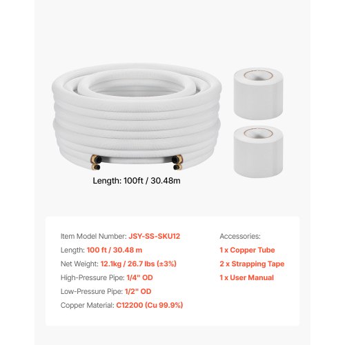 Mini Split Rørsæt, 30,5 m, 6,4x12,7 mm, Hvid, Kobber, Isoleret