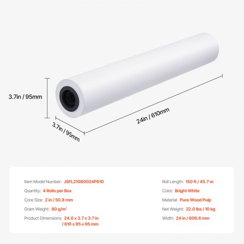 Plotterpapper rullar, 24x4570 cm, vit, bondpapper