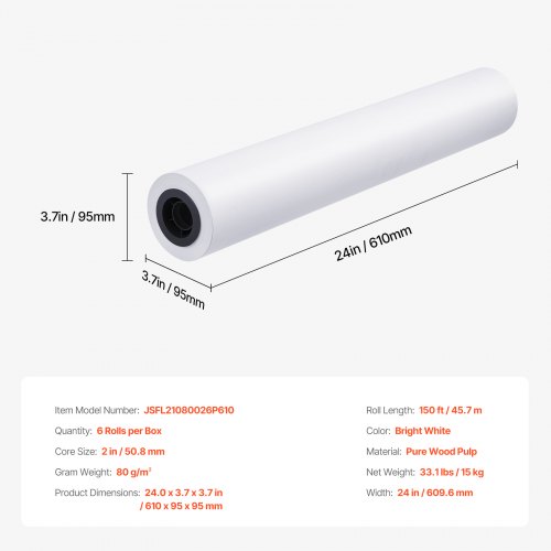 Plotterpapper, 24x4570 cm, Vit, Bondpappersrullar