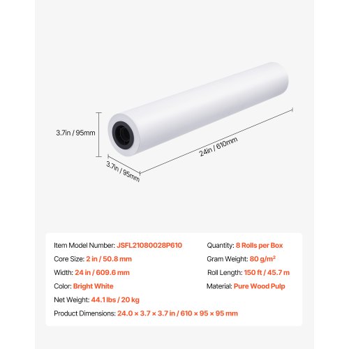 Bredformatspapir, 609,6x45,7 cm, Klarhvid, 80 g/m², Plotterpapirruller