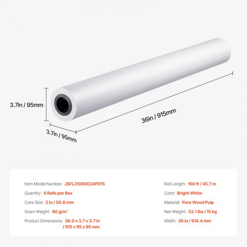 Plotterpappersrullar 91,4x4570 cm Vit, 4 rullar, Trämassa