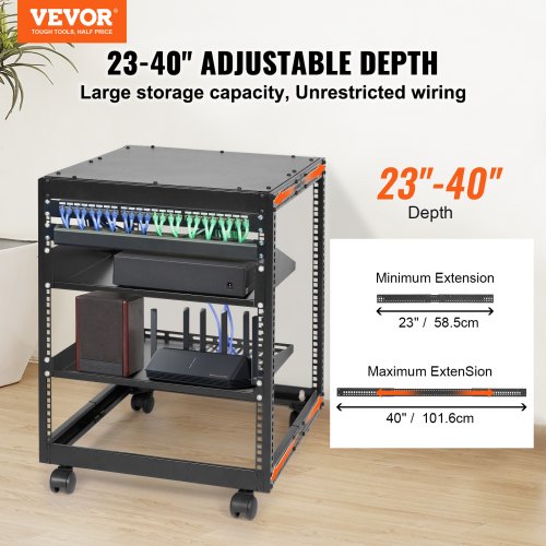 Server Rack, 12U åbent stel, 58,5x51x62,6 cm, sort, justerbar dybde, stål