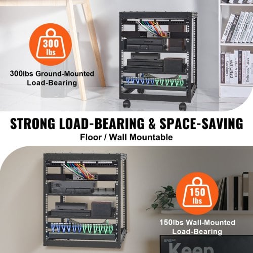 Server Rack, 12U åbent stel, 58,5x51x62,6 cm, sort, justerbar dybde, stål