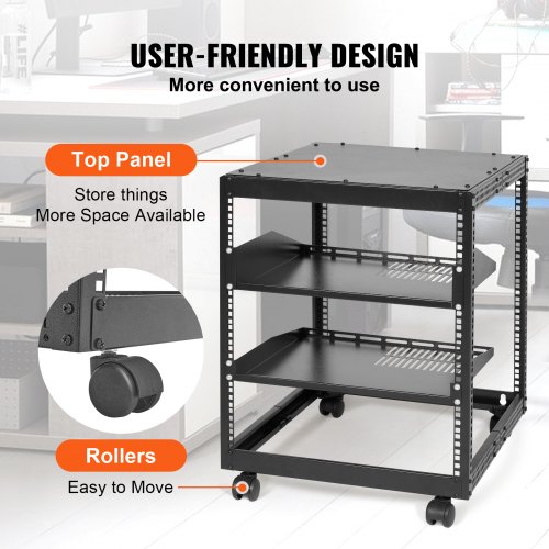 Server Rack, 12U åbent stel, 58,5x51x62,6 cm, sort, justerbar dybde, stål