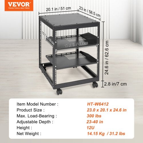 Server Rack, 12U åbent stel, 58,5x51x62,6 cm, sort, justerbar dybde, stål