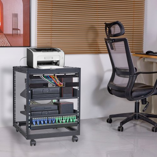 Server Rack, 12U åbent stel, 58,5x51x62,6 cm, sort, justerbar dybde, stål