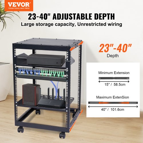 Server Rack, 15U Åben Ramme, 58,5x101,6 cm Justerbar Dybde, Sort, Metal