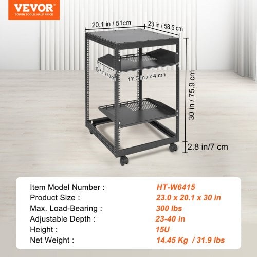 Server Rack, 15U Åben Ramme, 58,5x101,6 cm Justerbar Dybde, Sort, Metal