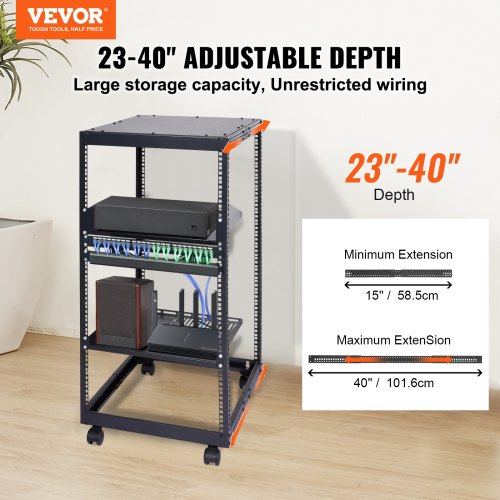 Server Rack, 20U Åben Ramme, 58,5x101,6 cm, Sort, Justerbar Dybde