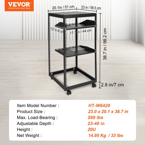 Server Rack, 20U Åben Ramme, 58,5x101,6 cm, Sort, Justerbar Dybde
