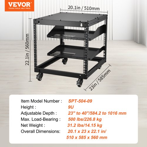 Server Rack, 9U 4-søjlet åbent stel, 58,4x101,6 cm justerbar dybde, stål