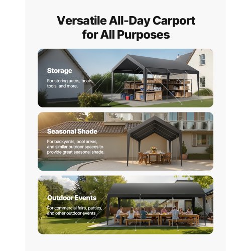 Carport, 305x609x287 cm, Grå, Galvaniseret stål, Udendørs opbevaring
