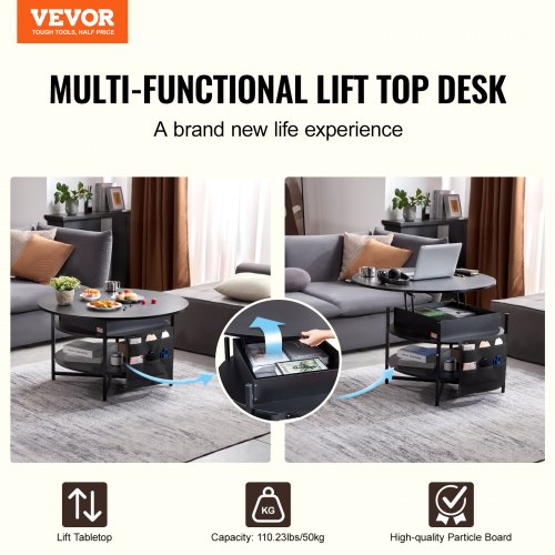 Sofabord, 90x90x51 cm, Sort, Justerbar opbevaring