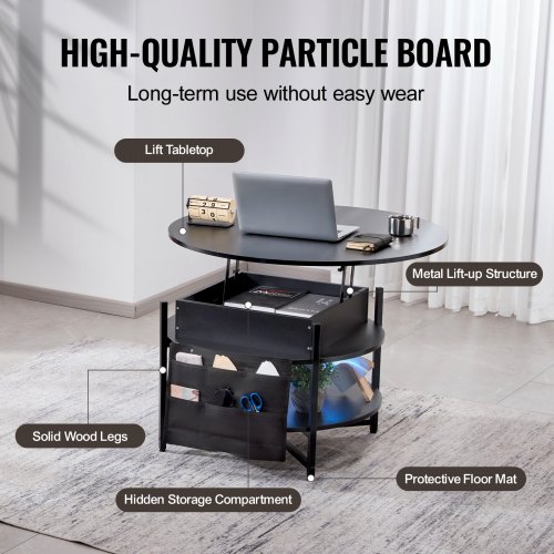 Sofabord, 90x90x51 cm, Sort, Justerbar opbevaring