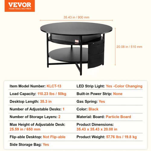 Sofabord, 90x90x51 cm, Sort, Justerbar opbevaring