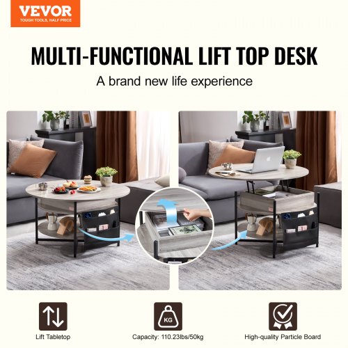 Sofabord, 90x90x51 cm, Hvid, Justerbar Opbevaring