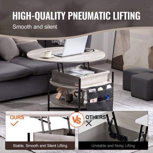 Sofabord, 90x90x51 cm, Hvid, Justerbar Opbevaring