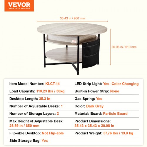 Sofabord, 90x90x51 cm, Hvid, Justerbar Opbevaring
