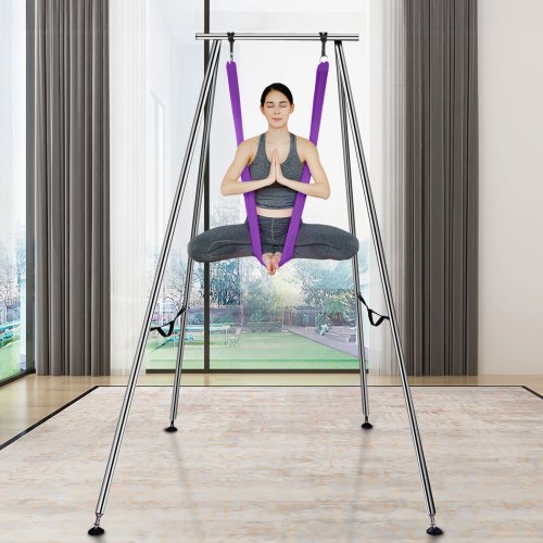Aerial yoga stativ og hængekøje, 253x192x295 cm, lilla, stål