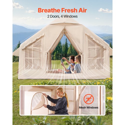 Oppusteligt campingtelt, 3x3x2,3 m, beige, 4-6 personer, oxfordstof