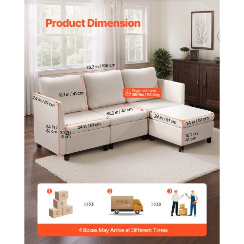 Sektionssofa, Modulopbygget 3-personers sofa med opbevaring, 199x69x68 cm, Beige