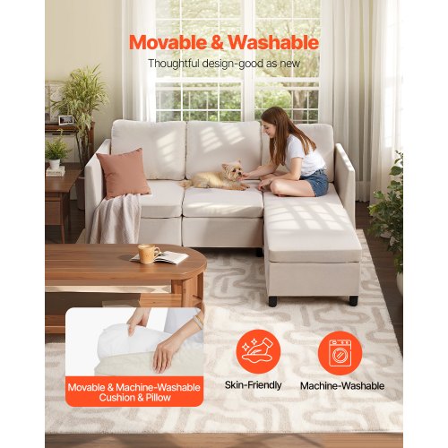 Sektionssofa, Modulopbygget 3-personers sofa med opbevaring, 199x69x68 cm, Beige