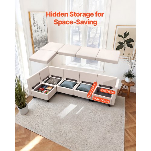 Sektionssofa, Modulopbygget 5-personers med skjult opbevaring, 199x69x68 cm, Beige