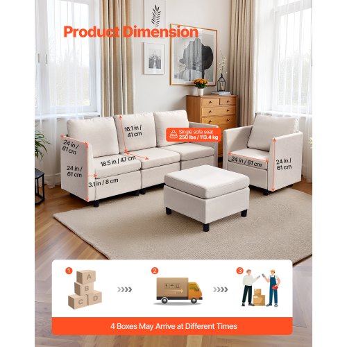 Sektionssofa, Modulopbygget 5-personers med skjult opbevaring, 199x69x68 cm, Beige
