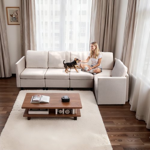 Sektionssofa, Modulopbygget 5-personers med skjult opbevaring, 199x69x68 cm, Beige