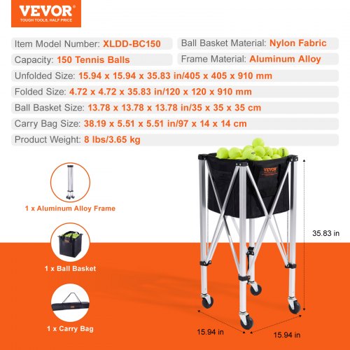 Tennisboldkurv, 35x35x35 cm, aluminiumlegering, sammenklappelig opbevaring
