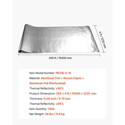 Reflekterende isoleringsrulle, 76,2x1,22 m, dobbeltsidet aluminium, termisk isolering