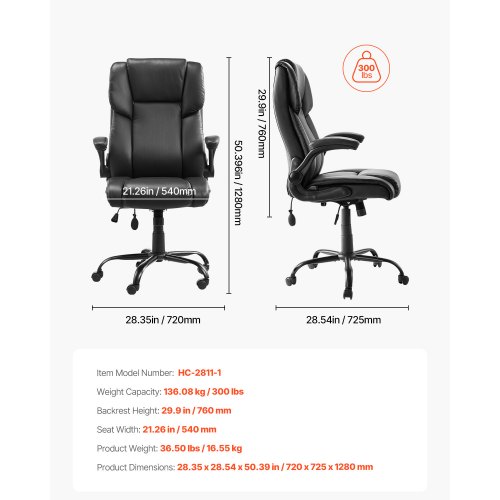 Executive kontorstol, høj ryg, 72x72,5x128 cm, sort, PU-læder