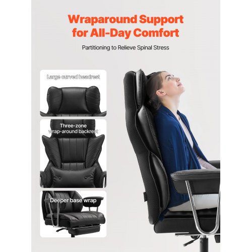 Kontorstol, høj ryg ergonomisk stol med fodstøtte, 78x85x125-132 cm, sort, PU-læder