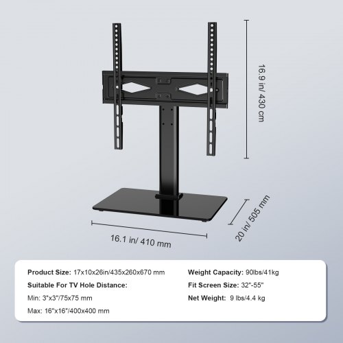 TV-bord, Drejelig universel gulv-TV-stand 43,5x26x67 cm, Justerbar, Hærdet glas